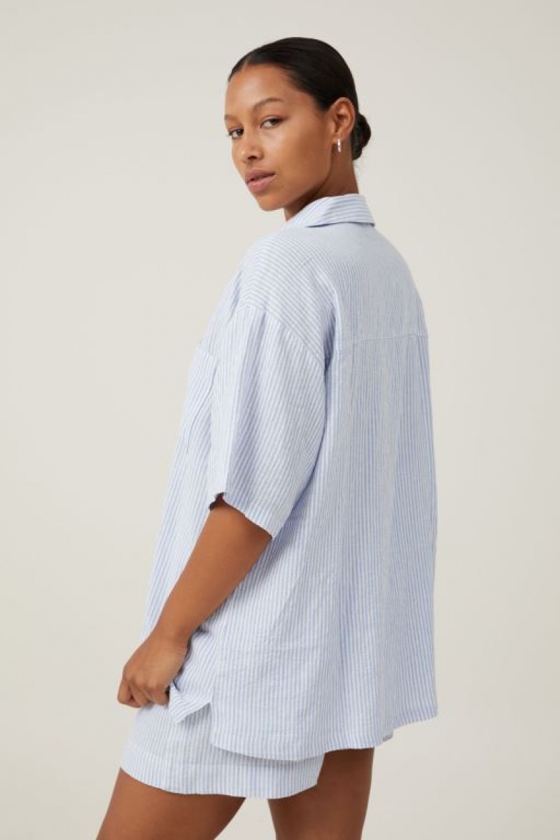 Camisas Cotton On Haven Corta Sleeve Mujer Rayadas Azules | xYLEMFWk7yS