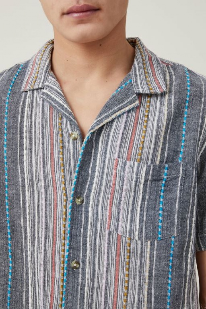 Camisas Cotton On Riviera Corta Sleeve Hombre Azules Multicolor Rayadas | KXFp9WCD55X
