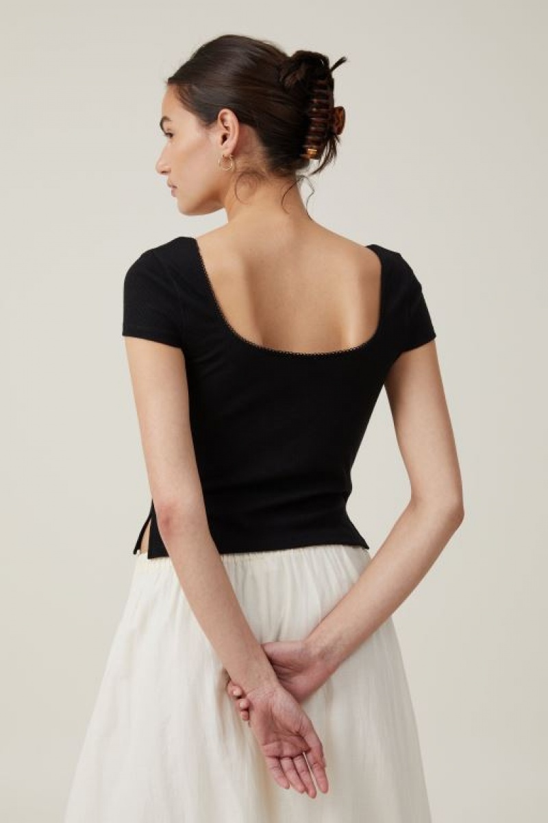 Camiseta Cotton On Sally Picot Trim Corta Sleeve Mujer Negras | 6t3DmDrBdph