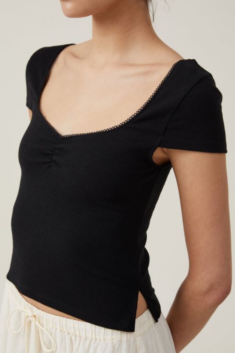Camiseta Cotton On Sally Picot Trim Corta Sleeve Mujer Negras | 6t3DmDrBdph