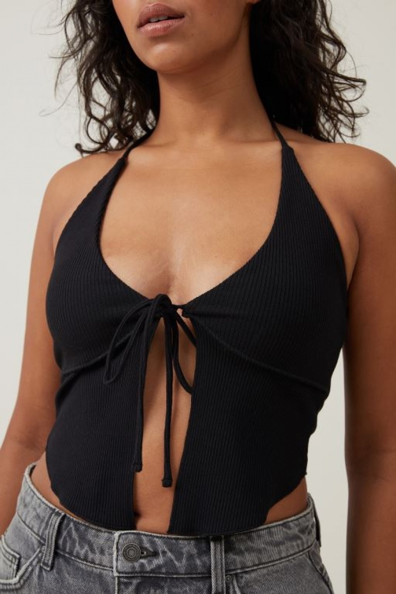 Camiseta Tirantes Cotton On Mia Tie Front Halter Mujer Negras | eOTynnanEOH